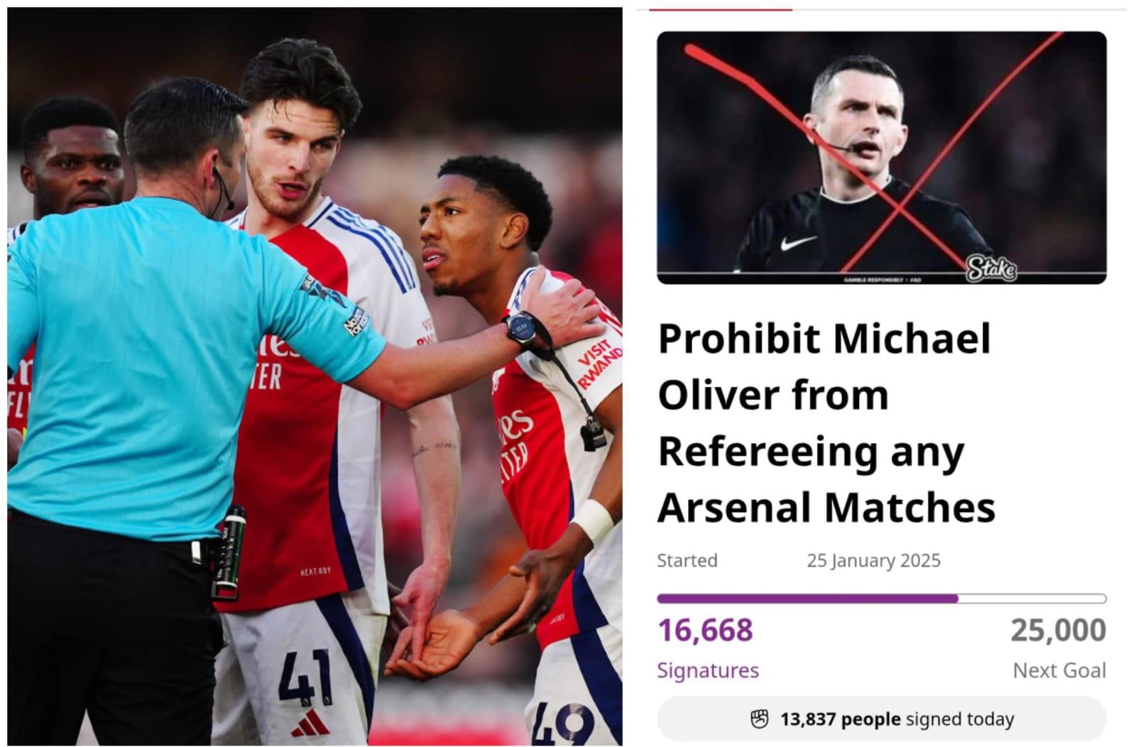 Ombi la kumzuia refa Michael Oliver kuchezesha mechi za Arsenal lapata sahihi zaidi ya 16,500